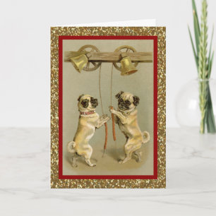 Cartão De Festividades vintage pugs ringing new year bells