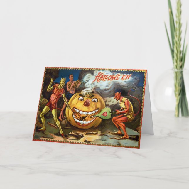 Cartão De Festividades Vintage Pumpkin Devils Halloween Card (Frente)