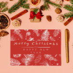 Cartão De Festividades Vintage Red Botanic Line Art Feliz Natal<br><div class="desc">Uma mão única e elegante fez um cartão de Natal orgânico. Este apresenta um padrão floral botânico natural e orgânico de Natal de folhas, estrelas e flocos de neve de eucalipto. O fundo é vermelho com uma caligrafia vintage retro script MERRY CHRISTMAS em branco sob seu feliz ano novo. Que...</div>