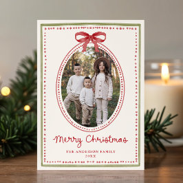 Cartão De Festividades Vintage Red Bow Cream Christmas 2 Photo