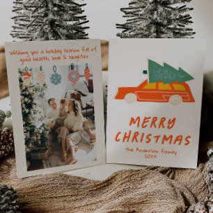 Cartão De Festividades Vintage Red Car Truck Funky Abstrato no Natal