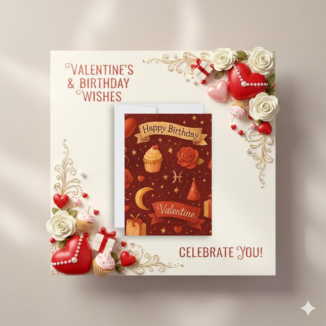 Cartão De Festividades Vintage Red Celestial Birthday Valentine (Criador carregado)
