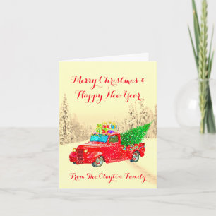 Cartão De Festividades Vintage Red Truck Árvore de Natal e presentes Feri