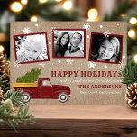 Cartão De Festividades Vintage Red Truck Árvore de Natal Foto Retroativa<br><div class="desc">Cartão de Feriado de Foto Retroativo de Neve de Natal de Caminhão Vermelho Vintage. Esta design apresenta um belo caminhão vermelho, estilo 1950, com uma linda árvore de natal cheio no fundo. Em conjunto com um belo fundo de papel kraft na frente, realçado pela queda de flocos de neve. A...</div>