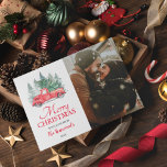 Cartão De Festividades Vintage Red Truck Christmas Holiday Photo<br><div class="desc">Rustic christmas winter theme card featuring a simple white background,  watercolor spruce trees,  a vintage red truck,  a xmas tree,  a family photo,  and your own personalized xmas message.</div>