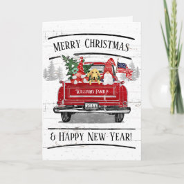 Cartão De Festividades Vintage Red Truck Gnomo Casal Cão Patriótico