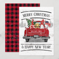 Vintage Red Truck Gnomo Casal Cão Xadrez Patriótic