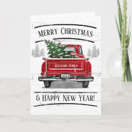 Cartão De Festividades Vintage Red Truck with Christmas Tree Family Name