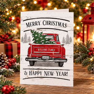 Cartão De Festividades Vintage Red Truck with Christmas Tree Family Name