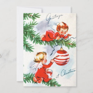 Cartão De Festividades Vintage Retro Angels na Árvore de Natal