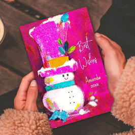 Cartão De Festividades Vintage retro boneco de neve rosa Natal novo