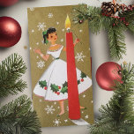 Cartão De Festividades Vintage Retro Christmas Girl in Dourado and White<br><div class="desc">Este cartão vintage do século médio apresenta uma jovem senhora,  vestida com um belo vestido branco de Natal,  iluminando uma grande vela vermelha de pilares. O fundo de ouro é acentuado por grandes flocos brancos de neve.</div>