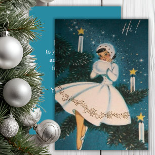 Cartão De Festividades Vintage Retro Girl no Natal Personalizado Branco