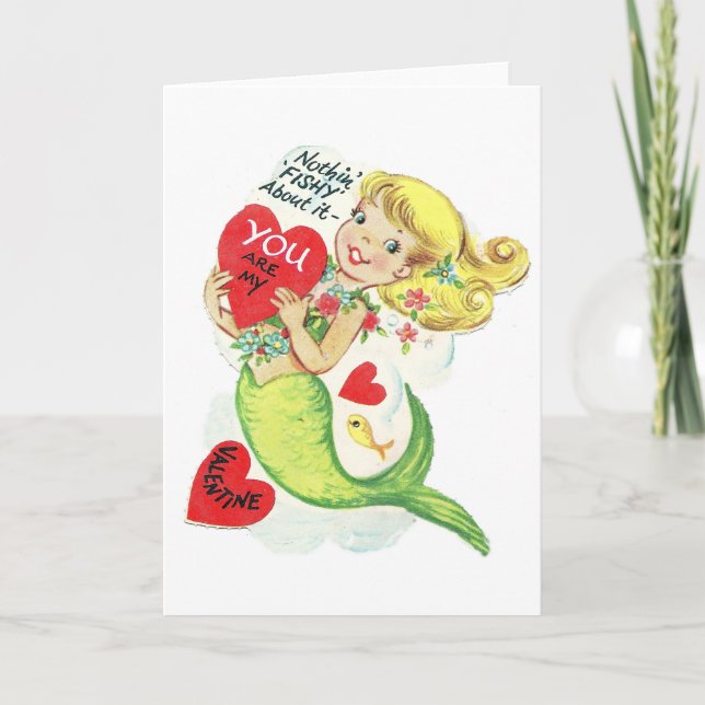 Cartão De Festividades Vintage Retro Mermaid Valentines Day (Frente)