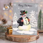 Cartão De Festividades Vintage Retro Natal Snowman Holid<br><div class="desc">Vintage Retro Natal Snowman Cartão de Feriado de Cena de Inverno.</div>