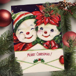 Cartão De Festividades Vintage Retro Snowman Casal Natal Personalizado<br><div class="desc">Esta adorável carta de natais vintages apresenta um casal bonitinho de bonitinho de neve em chapéus e lenços festivos,  segurando um envelope que diz 'Feliz Natal'. Personalize personalizando a mensagem no verso e/ou adicionando seus nomes.</div>