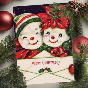 Cartão De Festividades Vintage Retro Snowman Casal Natal Personalizado