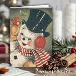Cartão De Festividades Vintage Retro Snowman - Natal Personalizável<br><div class="desc">Mande este cartão de Natal de bonitinho vintage para todos os seus amigos nesta temporada de festas! Este cartão apresenta um boneco de neve do século médio alegre em um chapéu preto e um cachecol vermelho e branco listrado com um passarinho vermelho giro estrelado em sua mão mitigada. Sentiment in...</div>