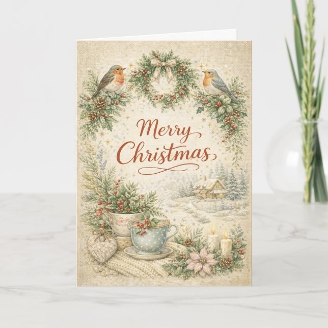 Cartão De Festividades Vintage Robin Wreath Merry Christmas  (Frente)