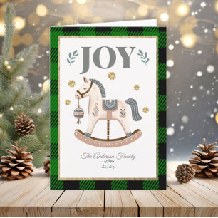 Cartão De Festividades Vintage Rocking Horse Green Xadrez Heirloom Joy