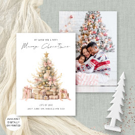 Cartão De Festividades Vintage Rosa Dourado Tree Foto Feliz Natal