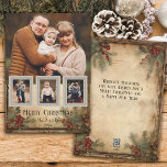 Cartão De Festividades Vintage Rustic Quatro Foto Feliz Saudação De Natal<br><div class="desc">Placa de cartões de natal de inspiração venenosa russa e nostálgica com grande modelo fotográfico com três pequenas fotos de inserção em quadros antigos de snapshot em um fundo angustiado com holly e evergreens em tons de sépia quente. A parte traseira apresenta fundo gráfico complementar e campo de texto.</div>