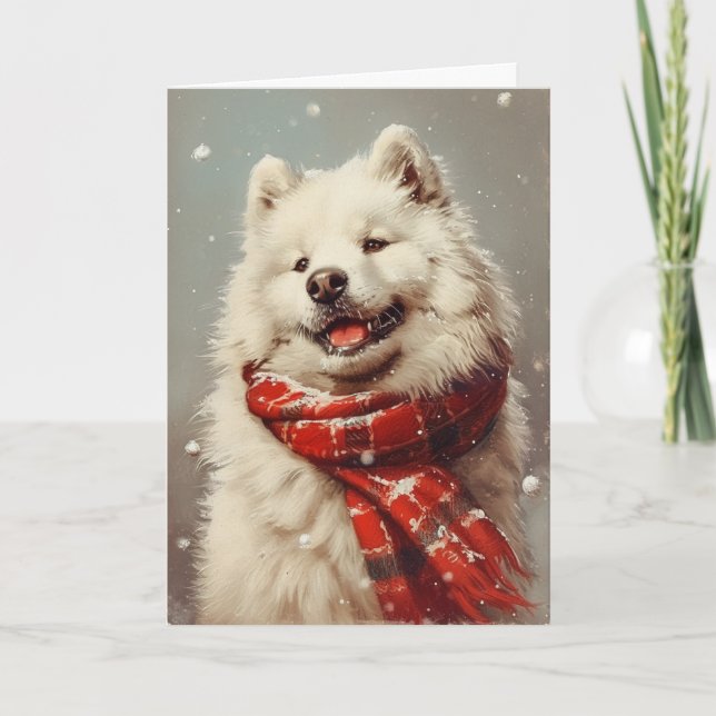 Cartão De Festividades Vintage samoyed personalizado Natal (Frente)