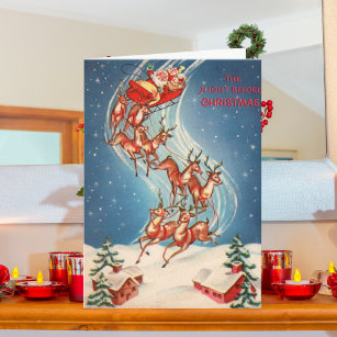 Cartão De Festividades Vintage Santa Claus Sleigh e Reindeer Voando
