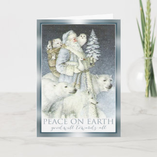 Cartão De Festividades Vintage Santa Snowy Forest Winter Animals