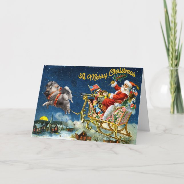 Cartão De Festividades Vintage Santa with Keeshond Team (Frente)