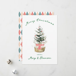 Cartão De Festividades Vintage Script Red Green Argyl Non Photo Christmas