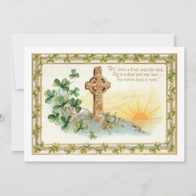 Cartão De Festividades Vintage Shamrocks e Cruz Celta (Frente)