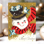 Cartão De Festividades Vintage Snowman And Bluebirds Merry Christmas<br><div class="desc">Vintage Snowman And Bluebirds Merry Christmas Holiday Card. This design features a snowman with bluebirds. What a beautiful retro holiday scene. Personalize this custom design with your own inside greeting.</div>