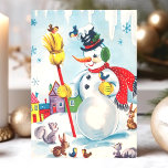 Cartão De Festividades Vintage Snowman Com O Natal Dos Animais<br><div class="desc">Celebre a temporada de festas com este charmoso cartão de natais vintages com um bonitinho bonitão de neve cercado por animais adoráveis. A cena balnear inclui pássaros, esquilos, e um coelho, todos colocados contra um colorido fundo de uma vila de inverno. Este cartão nostálgico de férias captura a magia e...</div>
