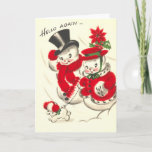 Cartão De Festividades Vintage Snowman e SnowWomen Card<br><div class="desc">Esta é uma impressão de um casal de Snowman que anda por aí a andar por um cão de boneco de neve. Impressão para o feriado.</div>