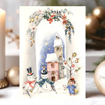 Cartão De Festividades Vintage Snowmen Angel Boy Courier Christmas<br><div class="desc">Vintage Snowmen Angel Boy Courier Christmas Holiday Car. This design features two snowmen and an angel boy courier. What a beautiful retro holiday scene. Personalize this custom design with your own inside greeting.</div>