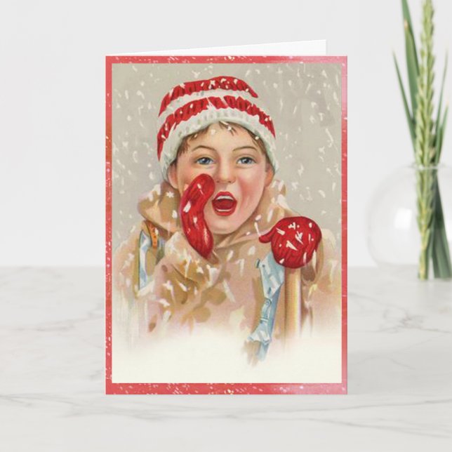 Cartão De Festividades Vintage Snowy Mitten Girl Christmas (Frente)
