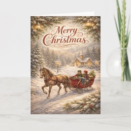 Cartão De Festividades Vintage Snowy Sleigh Ride Merry Christmas