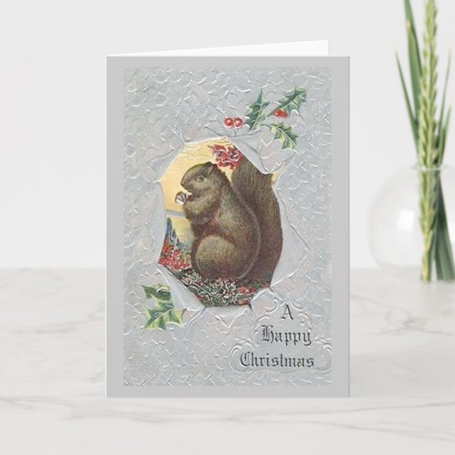 Cartão De Festividades Vintage Squirrel Christmas Card (Frente)