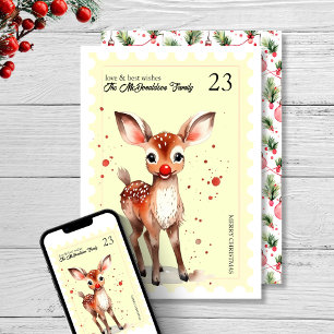 Cartão De Festividades Vintage Stamp Kitsch Reindeer Amarelo Natal