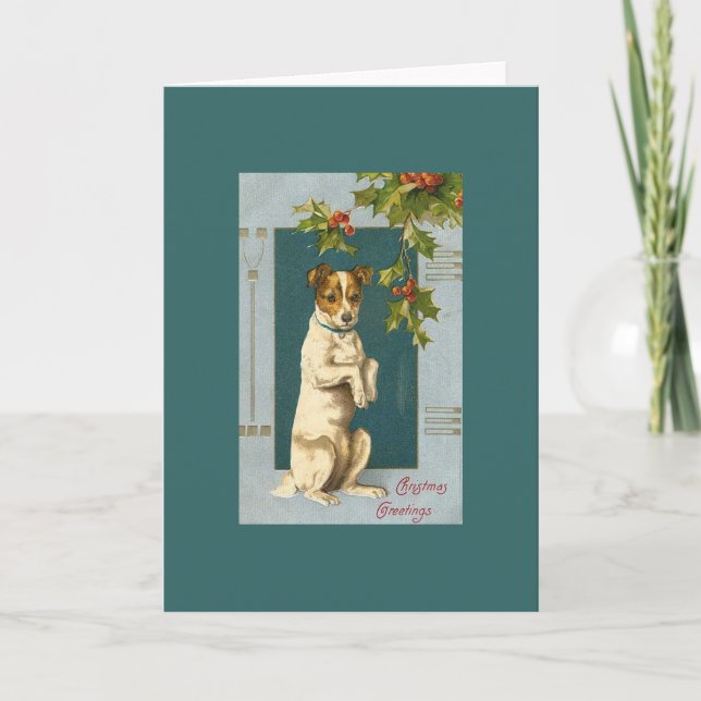 Cartão De Festividades Vintage Terrier e Holly (Frente)