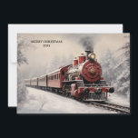 Cartão De Festividades Vintage Train Winter Scene Feliz Natal Férias<br><div class="desc">Cartão de cartões de natal natal vintage com a pintura de um velho trem de passageiros que viaja através de uma floresta de pinheiros coberta de neve com fumaça da chaminé de fumaça. O texto diz "Feliz Natal". Personalizar com o ano atual. Personalizado no verso com sua mensagem e seu...</div>