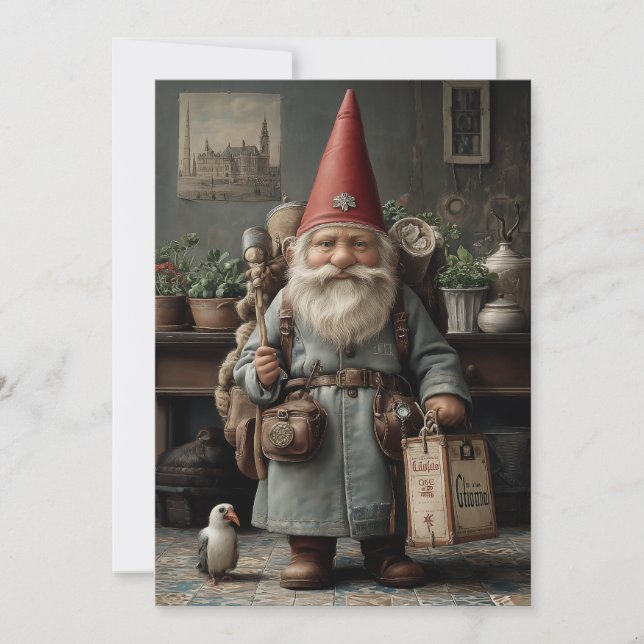 Cartão De Festividades Vintage Traveler Christmas Gnome (Frente)