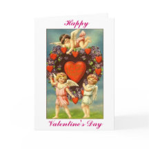 Vintage Valentine 3 Cupids And Red hearts