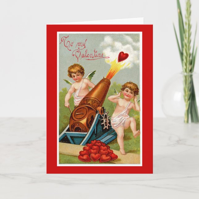 Cartão De Festividades Vintage Valentine with Heart Cannon (Frente)