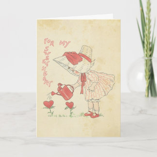 Cartão De Festividades Vintage Valentine's Day Cute Girl Flower Hearts
