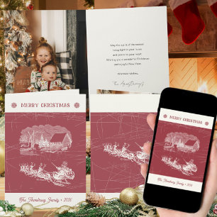 Cartão De Festividades Vintage Vermelho Cranberry Trenó do Papai Noel Nat