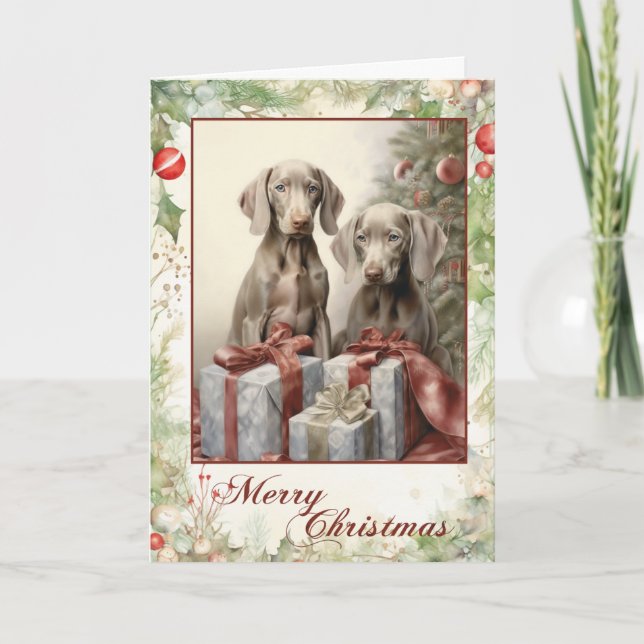 Cartão De Festividades Vintage Weimaraner Natal (Frente)
