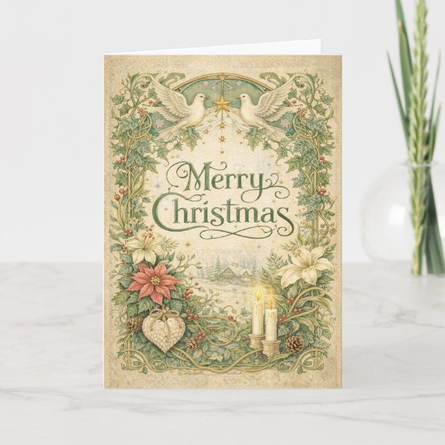 Cartão De Festividades Vintage White Dove Christmas Wreath  (Frente)