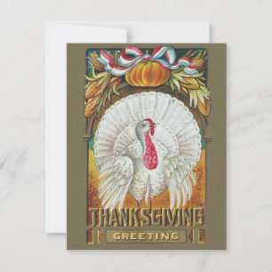 Cartão De Festividades Vintage White Turkey e Ação de Graças Saudaçã